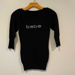 bebe Black Crew Neck Sweater with Rhinestone Logo
